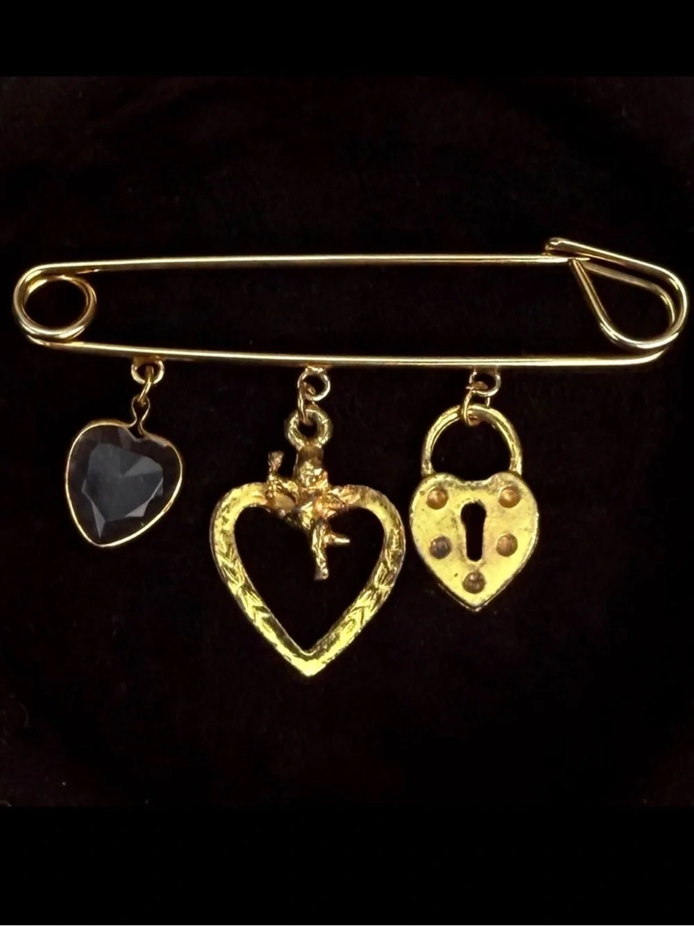 Vintage aged Goldtone Heart Charm Brooch Pin